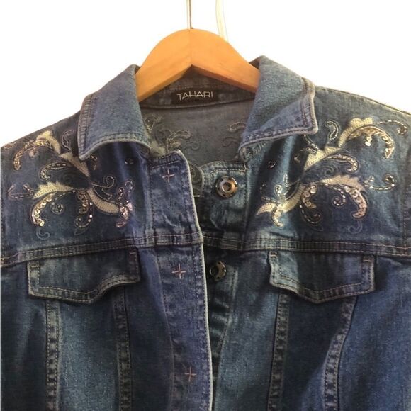 Tahari Navy Blue Cotton Denim Beaded Embellished Jean Jacket Customized - Picture 5 of 9